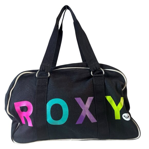 Vtg Y2K Roxy Duffle Travel Bag Black / Neon Large Logo Overnight Carry On Travel - Picture 1 of 6